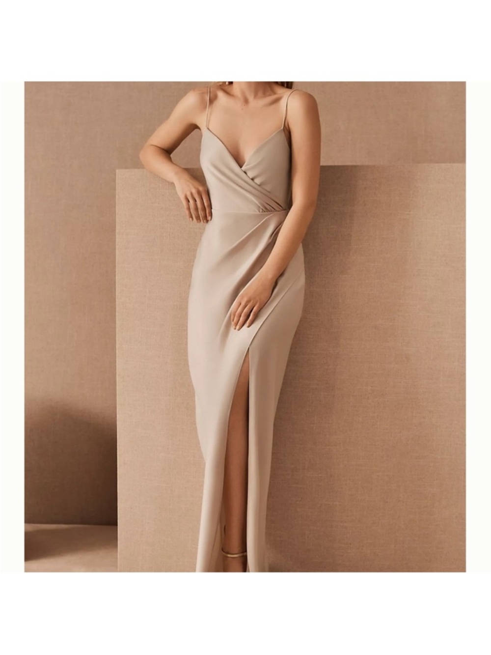 BHLDN Freya Satin Charmeuse Taupe Spaghetti-Strap Wrap Maxi Dress with slit sz 6